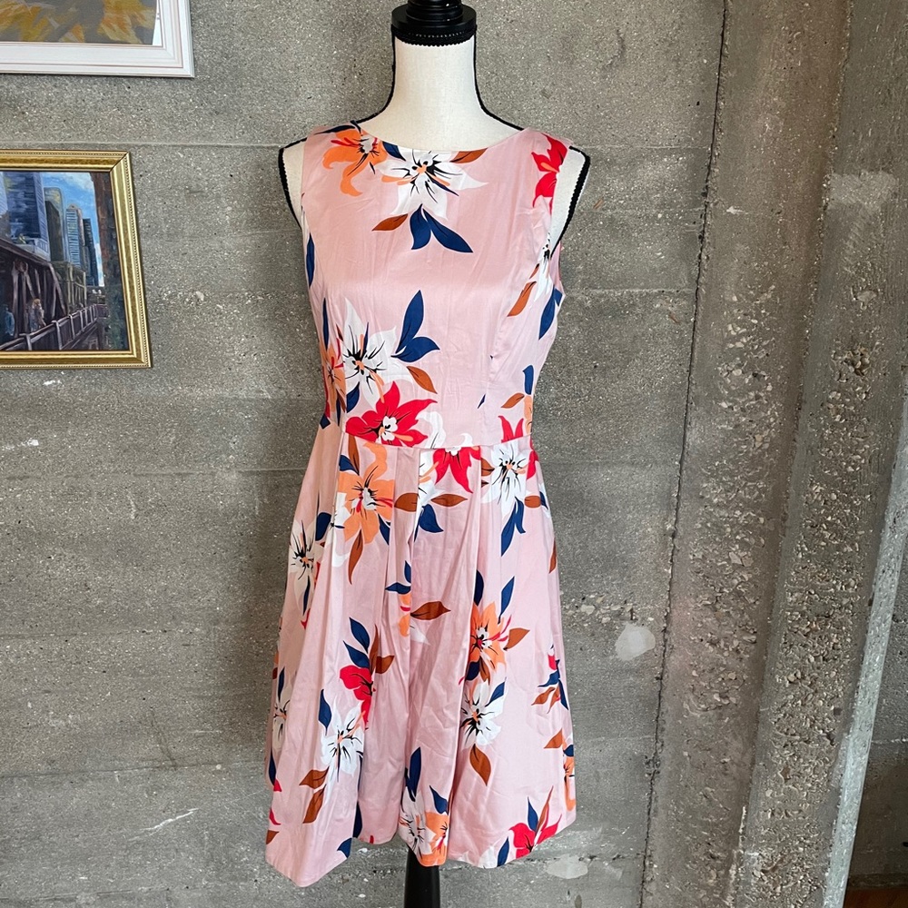 Cue Pink Floral Fit-and-Flare Dress with Navy & Orange Accents